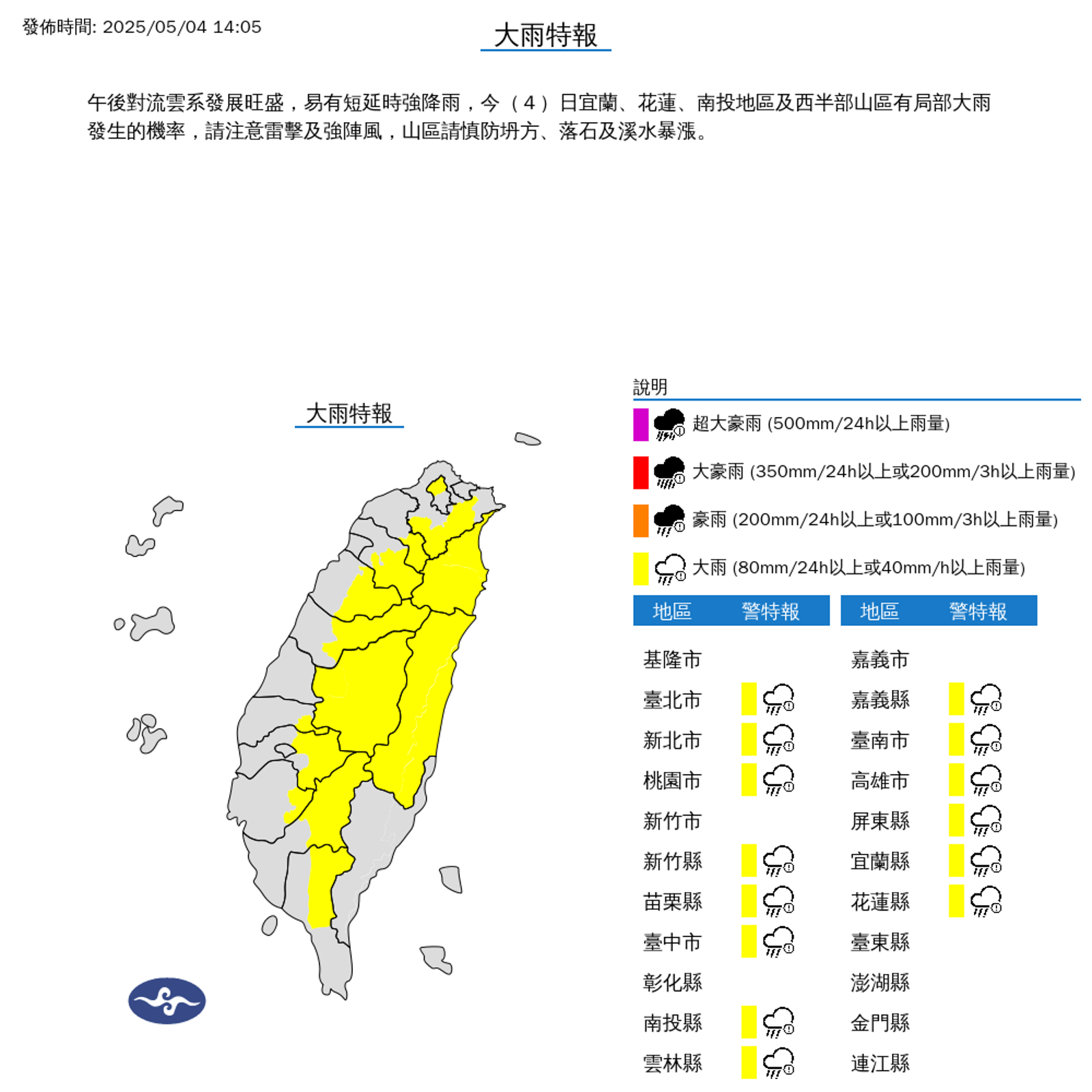 氣象署針對14縣市發布大雨特報。(中央氣象署提供)