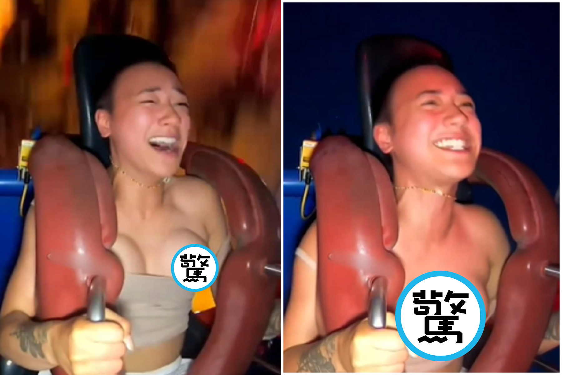 先前也有妹子,乘坐同樣的雲霄飛車而爆奶。(翻自TikTok)