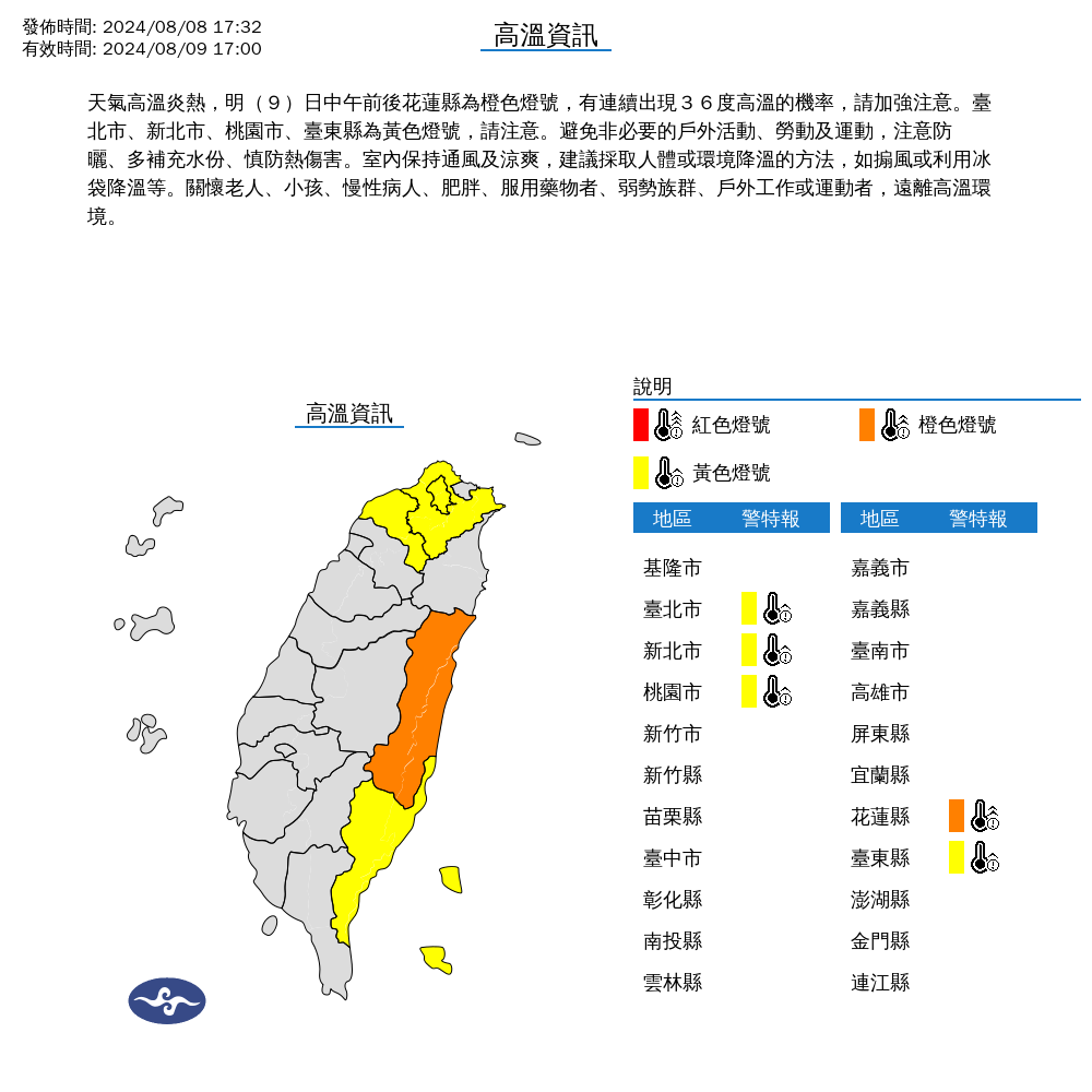 今日中午前後花蓮縣有連續出現36度高溫的可能性，台北市、新北市、桃園市及台東縣亦需留意高溫影響。（氣象署提供）