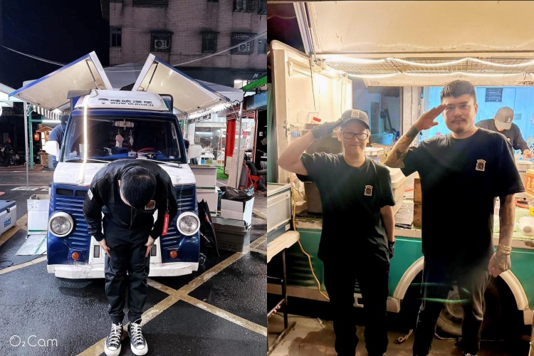 WOW 哇唬漢堡工廠老闆阿強在餐車前鞠躬致歉，向沒拿到漢堡的民眾與志工表達歉意。（翻攝自臉書@WOW 哇唬 漢堡工廠）