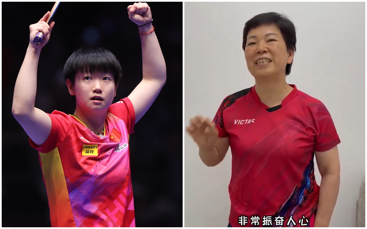 倪夏蓮在奧運球場上對上「球后」孫穎莎，2人年齡就相差38歲，該場比賽獲得許多網友關注。（翻攝自孫穎莎／倪夏蓮微博）