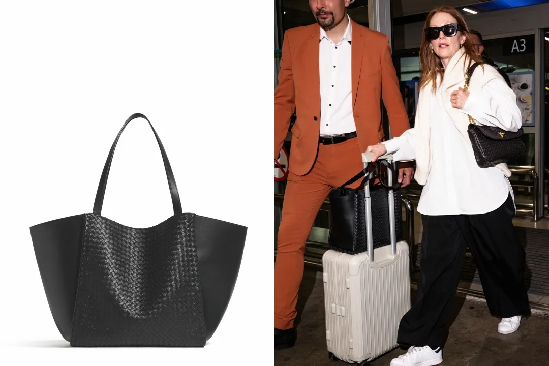 BOTTEGA VENETA品牌大使Julianne Moore將Corso放在登機箱上一起行動。（BOTTEGA VENETA提供）       