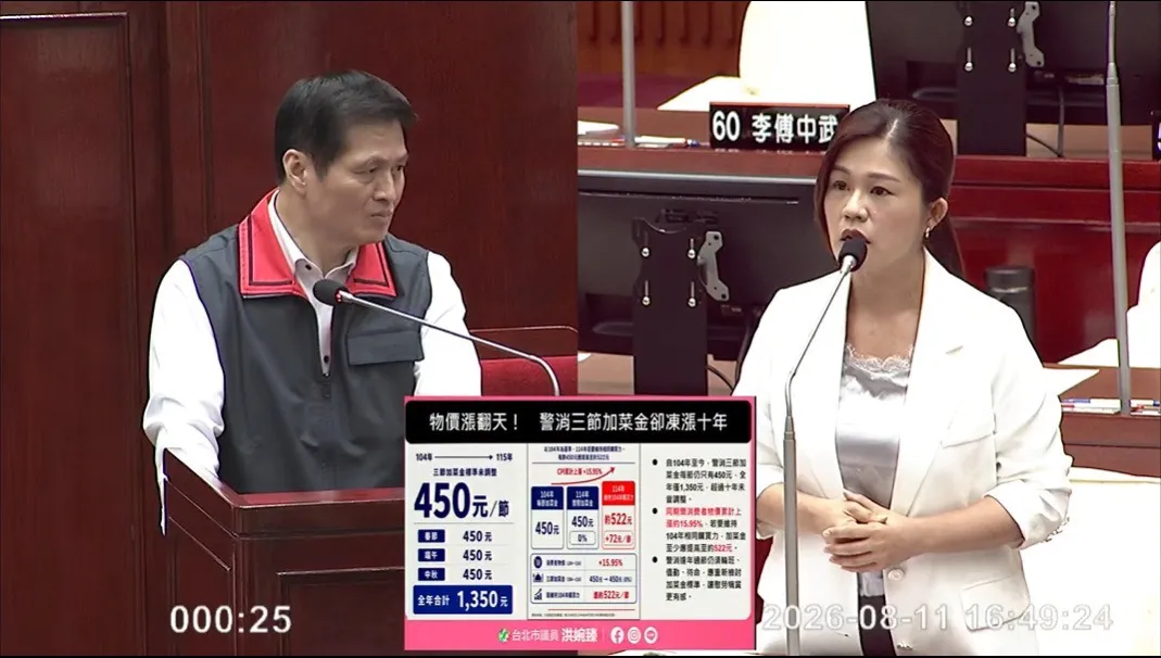 警消人力減、案件暴增，市議員洪婉臻(右)籲補齊裝備、調高加菜金，提升警消福利。