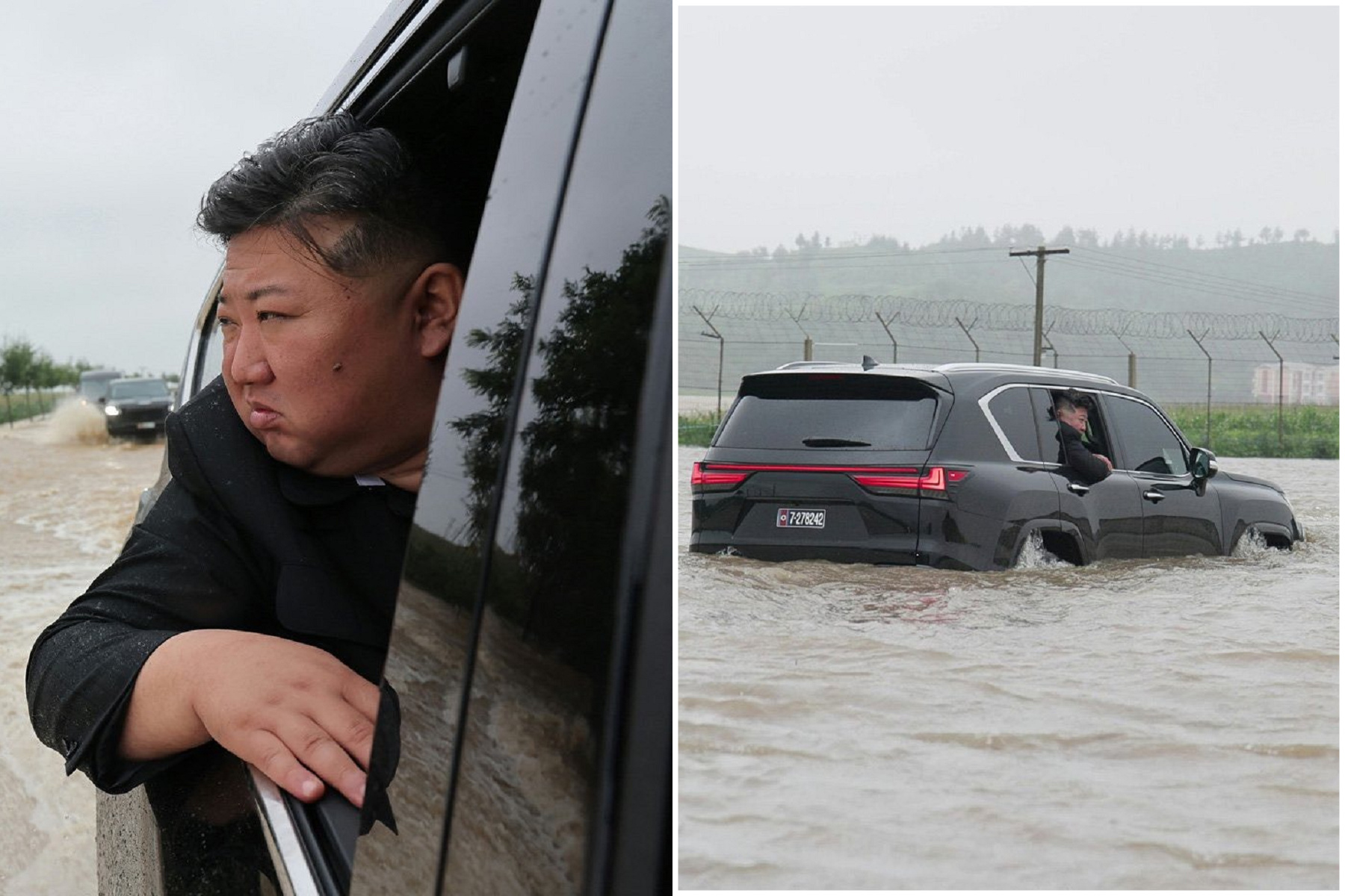 哪種車可當船開？金正恩親身示範，泡水開車視察淹水災情。（翻自X平台）