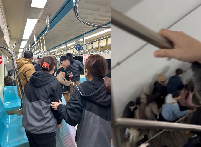 台北捷運松山新店線昨晚發生騷動，乘客在恐慌情緒下奔逃離站，站外一度出動警消到場處理。（Threads網友bibibobo_0828授權提供）