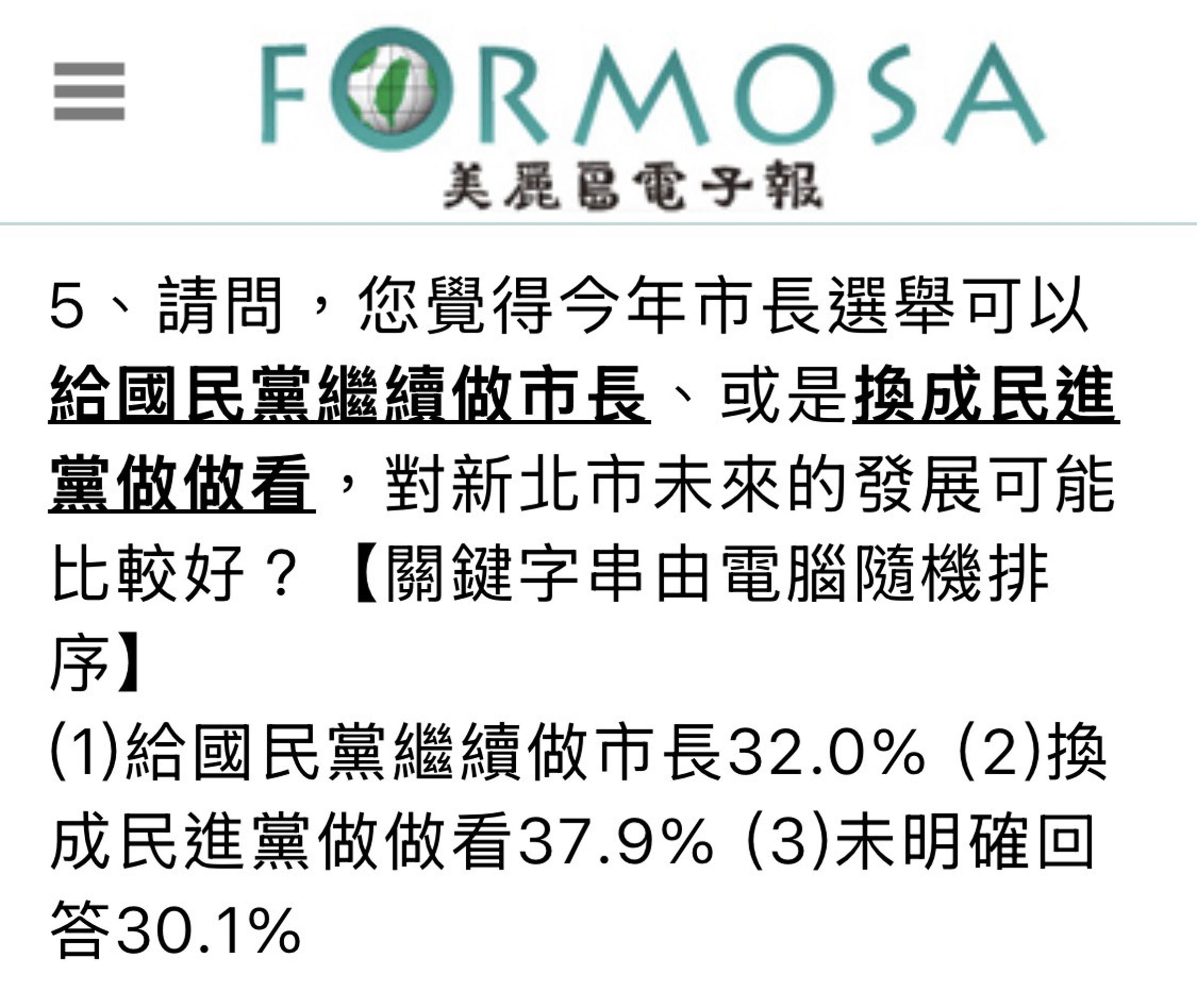 新北選民對政黨輪替態度出現變化，37.9%傾向換民進黨做做看，高於32.0%支持讓國民黨繼續做。（圖／截取自《美麗島電子報民調》：2026新北市長選舉選情民調）  另外，這也是首次蘇巧慧適任度超過李四川（蘇巧慧43.5%：李四川41.5%），顯示蘇巧慧在選戰中的驚人爆發力，新北極有可能藍天變綠地。