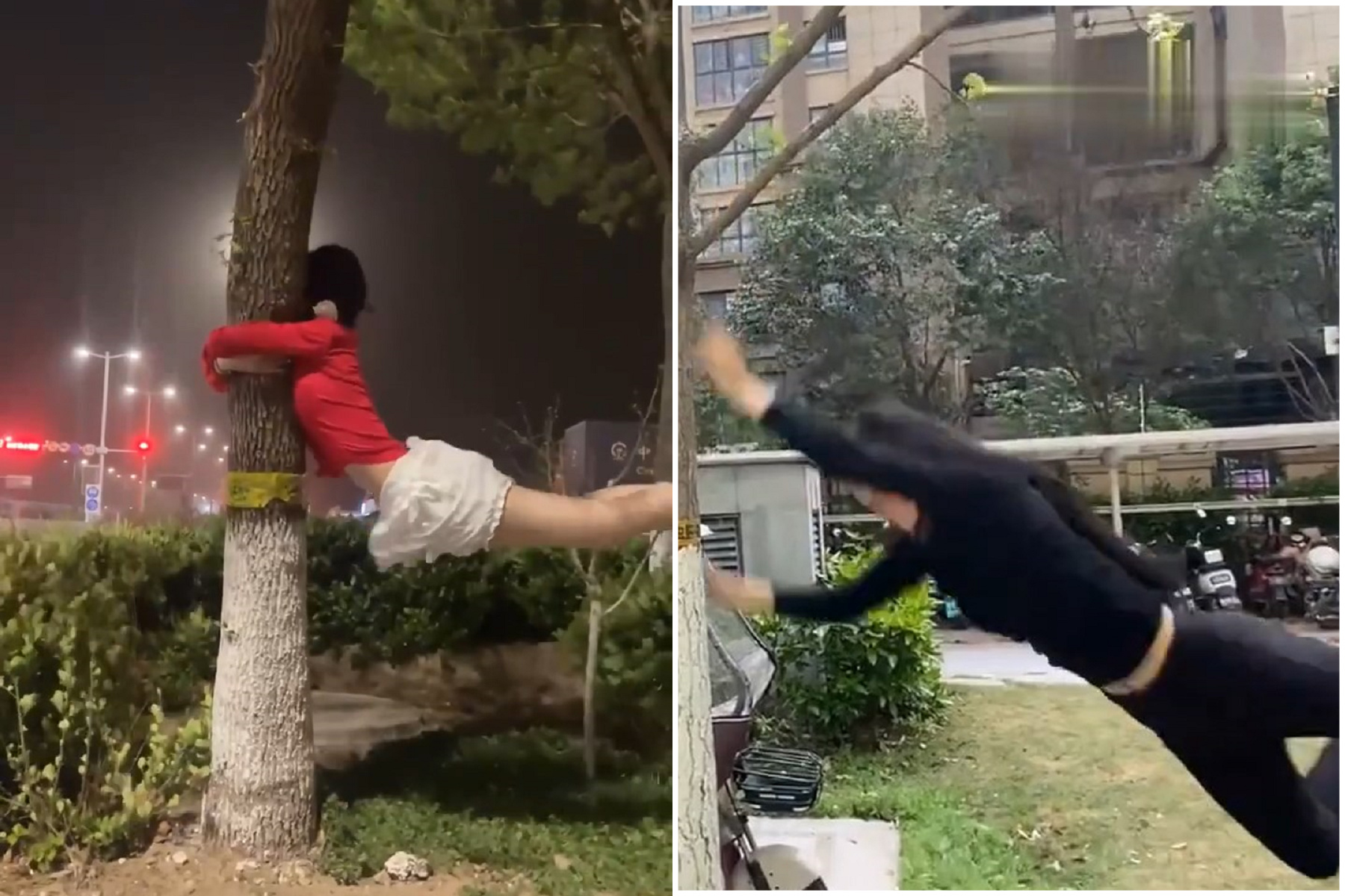 中國遇極端天氣！正妹瘋玩「抱大樹幹」飛起來，有人慘變「石頭撞奶」。（翻自「中國傻事」臉書）