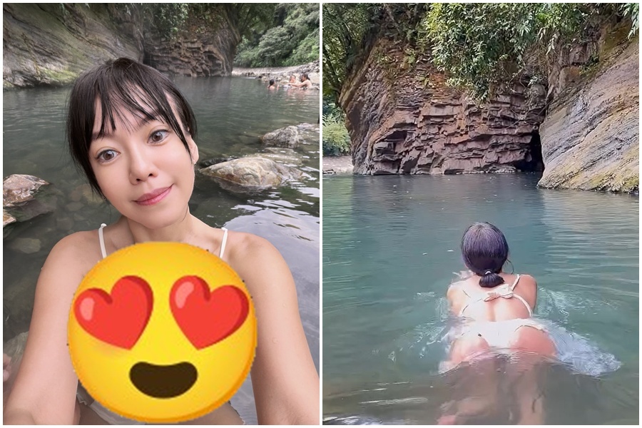 網紅小方糖朝聖宜蘭芃芃野溪溫泉，大秀火辣身材。（翻攝自IG@amile77）
