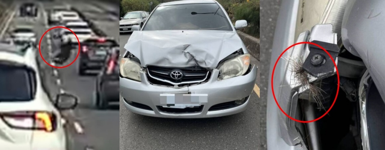 彰化台74甲線東外環道，行車紀錄器拍到一頭巨鹿橫越車道，車輛撞擊瞬間翻滾，鹿隨後奇蹟站起返回山林，駕駛全程目睹驚魂一刻。（翻攝自threads/littleq_hsu、警方提供）