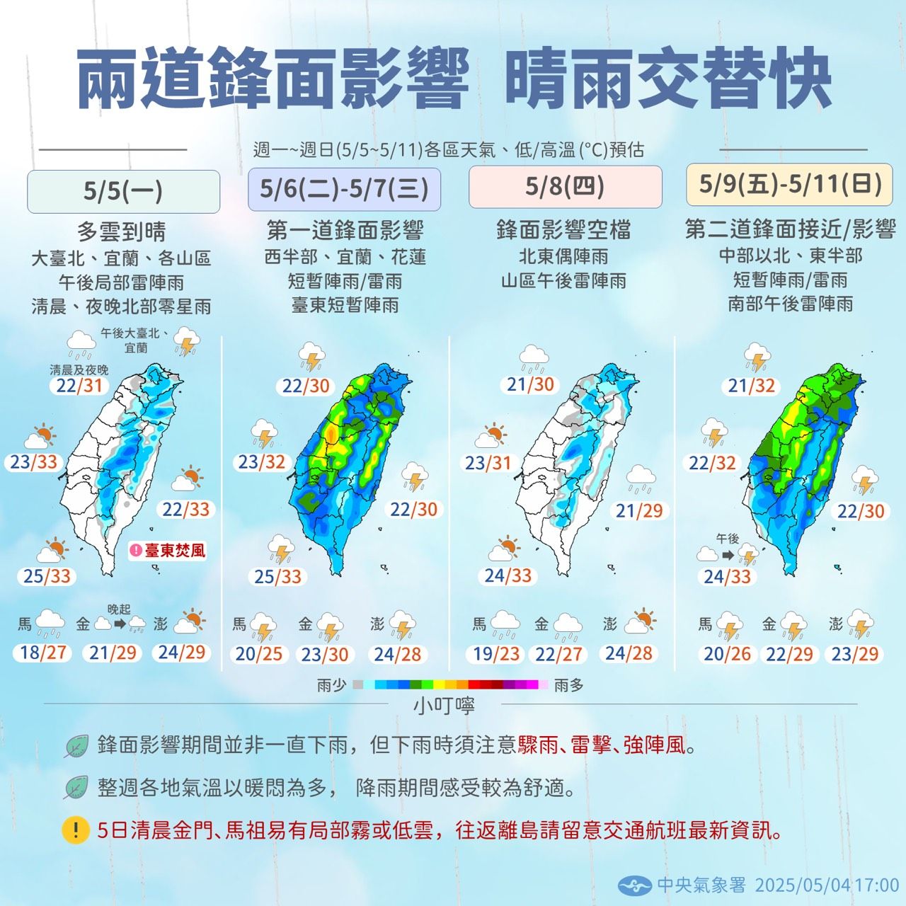 關於一週天氣展望，週四稍緩鋒面稍緩，但週五起另一波鋒面再接力。（中央氣象署提供）