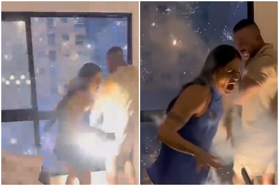 一名人妻與丈夫在陽台欣賞煙火時,無預警遭到從室外射進屋內的煙火擊中,造成嚴重燒燙傷。(翻攝自UOL youtube)