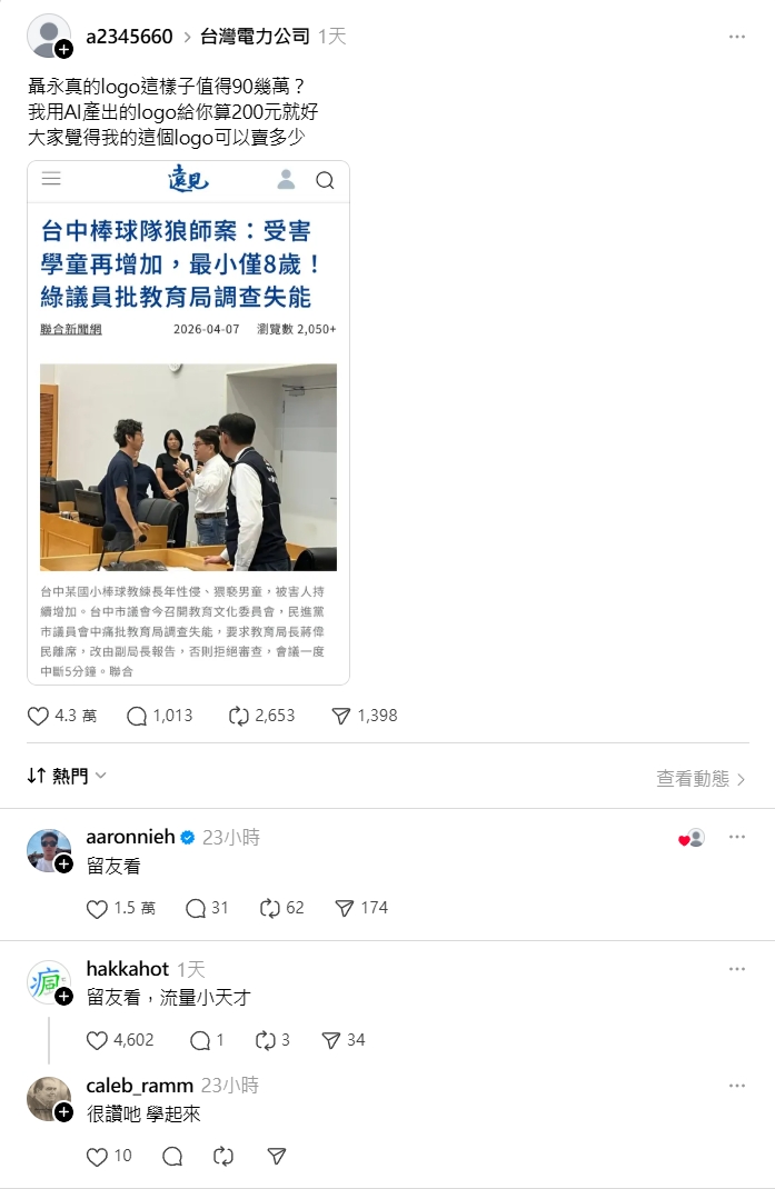 許多網友開始實測,只要打聶永真相關的內容,就算圖文不符也會有高流量。(翻攝自Threads)