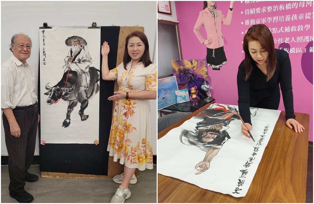 新北市議員劉美芳攜手水墨畫大師王愷及眾學員，在台灣藝教館開展，5歲開始作畫的劉美芳，展出畫作《達摩》。（劉美芳服務處提供）