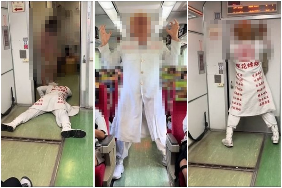 一名TikTok網紅近日在台鐵自強號上脫序拍攝影片。（翻攝自抖音）