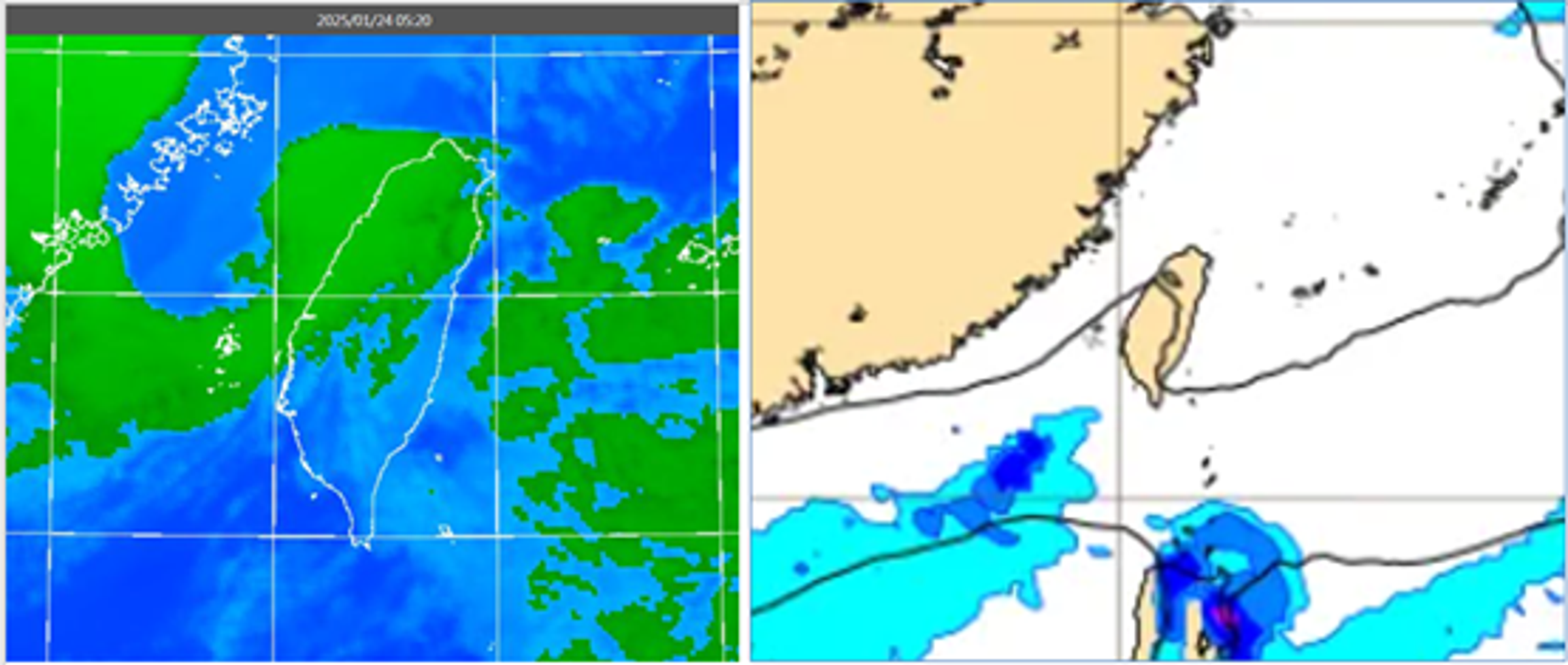 左圖今晨5時20分紅外線色調強化雲圖顯示,台灣上空仍有鬆散的中低層雲。右圖29日8時地面氣壓及降水圖模擬圖顯示,高壓籠罩、各地晴朗。(翻攝自氣象應用推廣基金會)