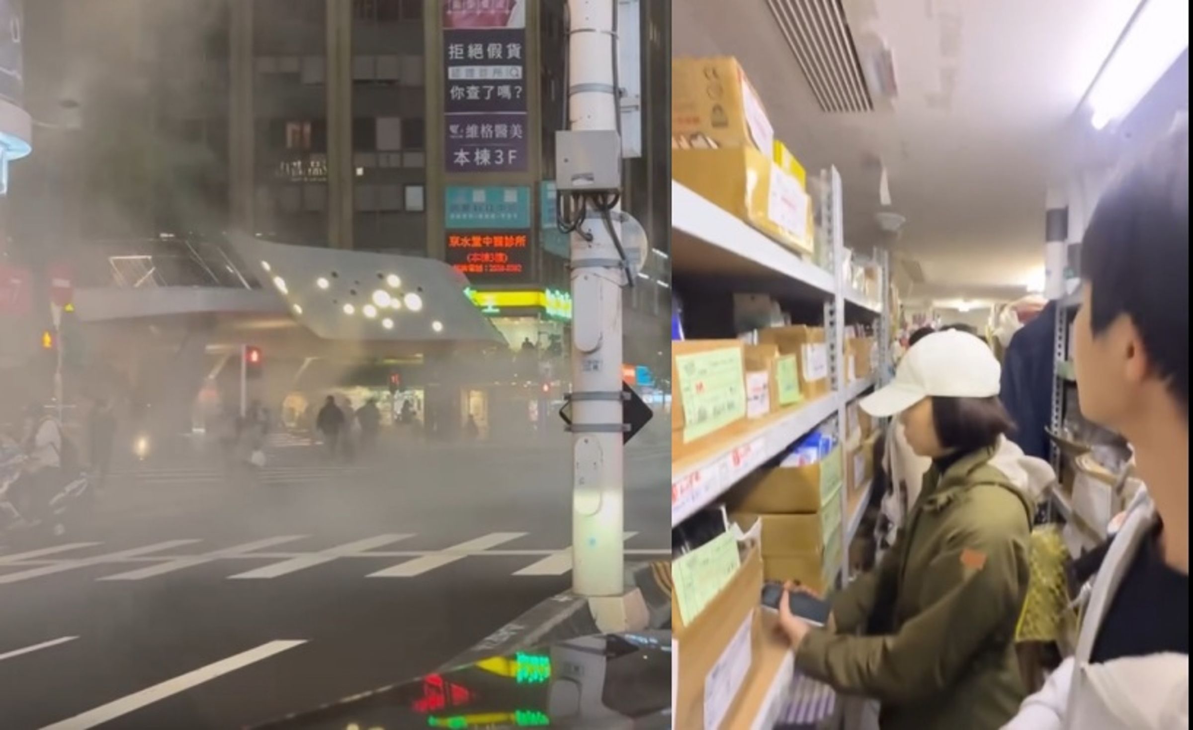 中山捷運站旁誠品南西店傳持刀攻擊，警方封鎖現場，民眾驚恐逃至倉庫躲避。（翻攝自Threads/t1ng_an_04、eddie_xiao）