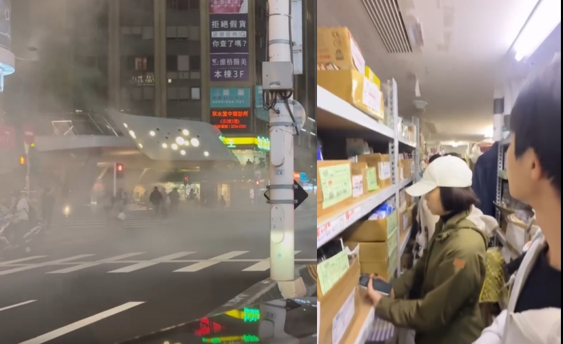 中山捷運站旁誠品南西店傳持刀攻擊，警方封鎖現場，民眾驚恐逃至倉庫躲避。（翻攝自Threads/t1ng_an_04、eddie_xiao）