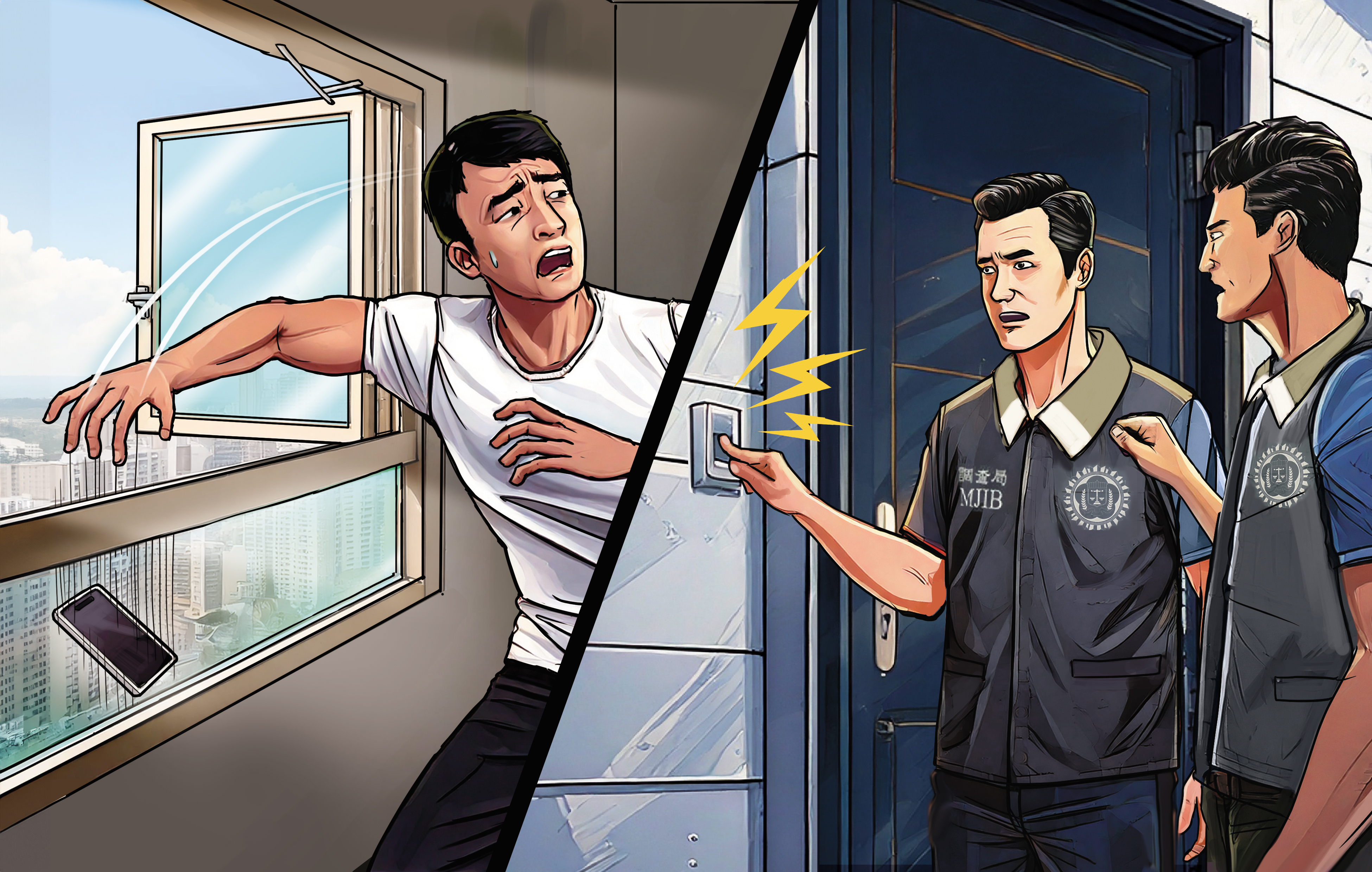 鄭亦麟在檢調登門搜索前一刻，急忙從二十幾樓住處窗外將蘋果手機丟出滅證。（AI繪圖Adobe Firefly生成，本刊美術組後製）