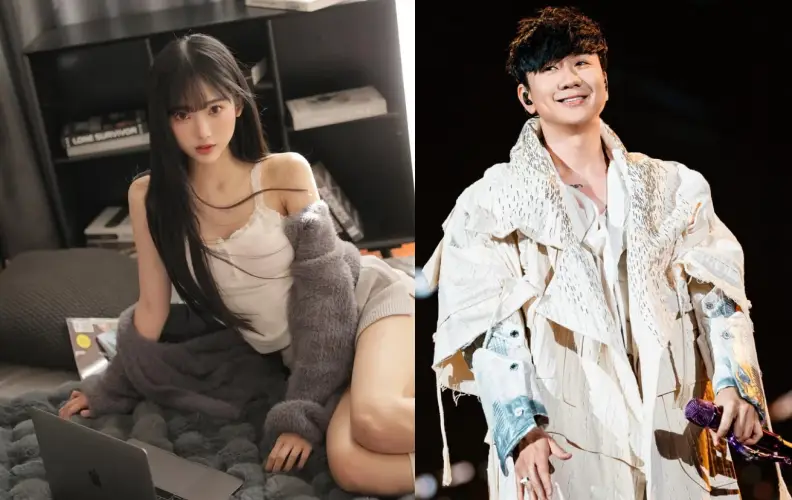  林俊傑（右）公開認愛後，近日與女友七七（左）在新加坡電影院被網友巧遇，成為首度曝光的私下合體畫面。（翻攝自微博）