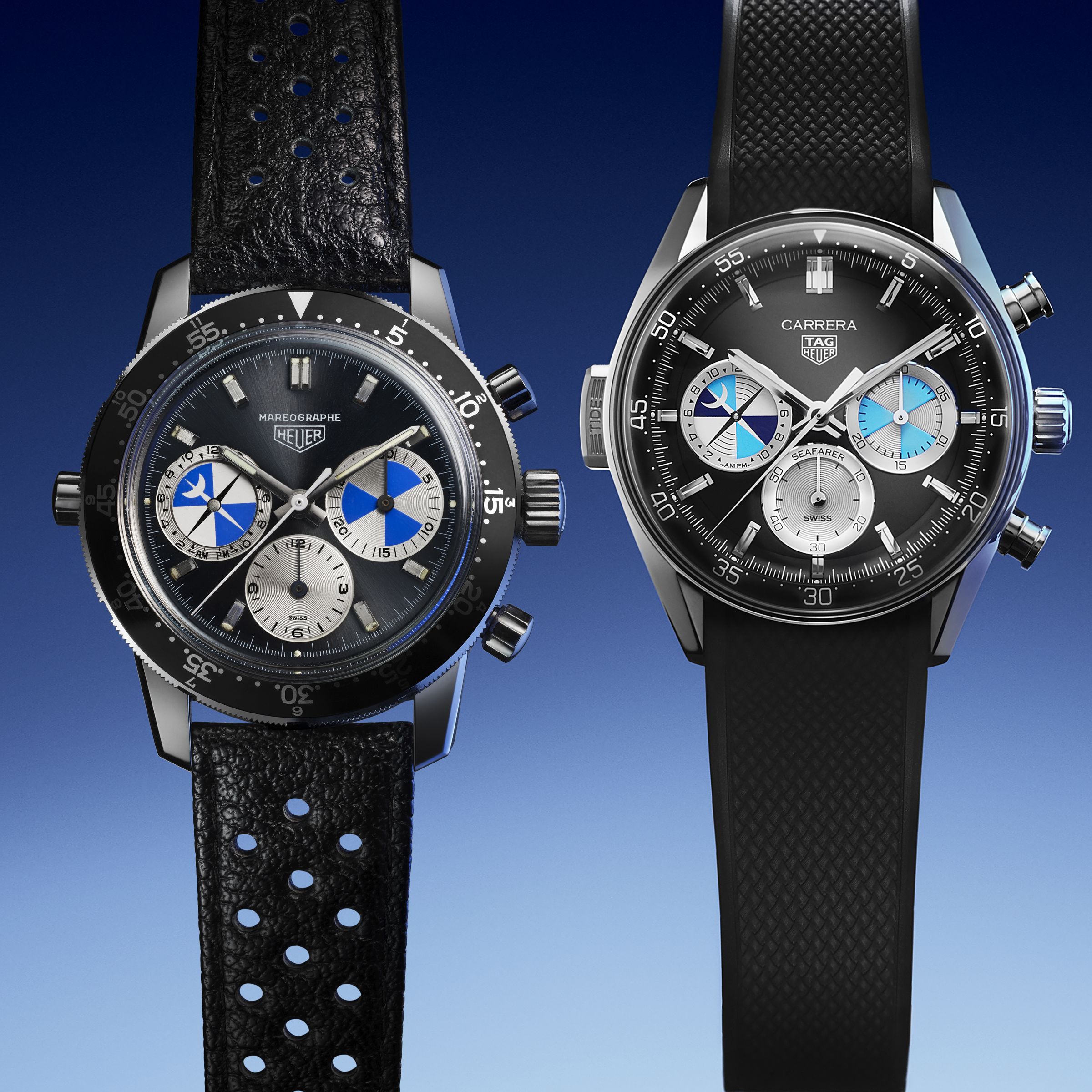 （左）1968年Ref.2446C Mareographe，（右）2024年Carrera Chronograph Seafarer《HODINKEE》聯名款。