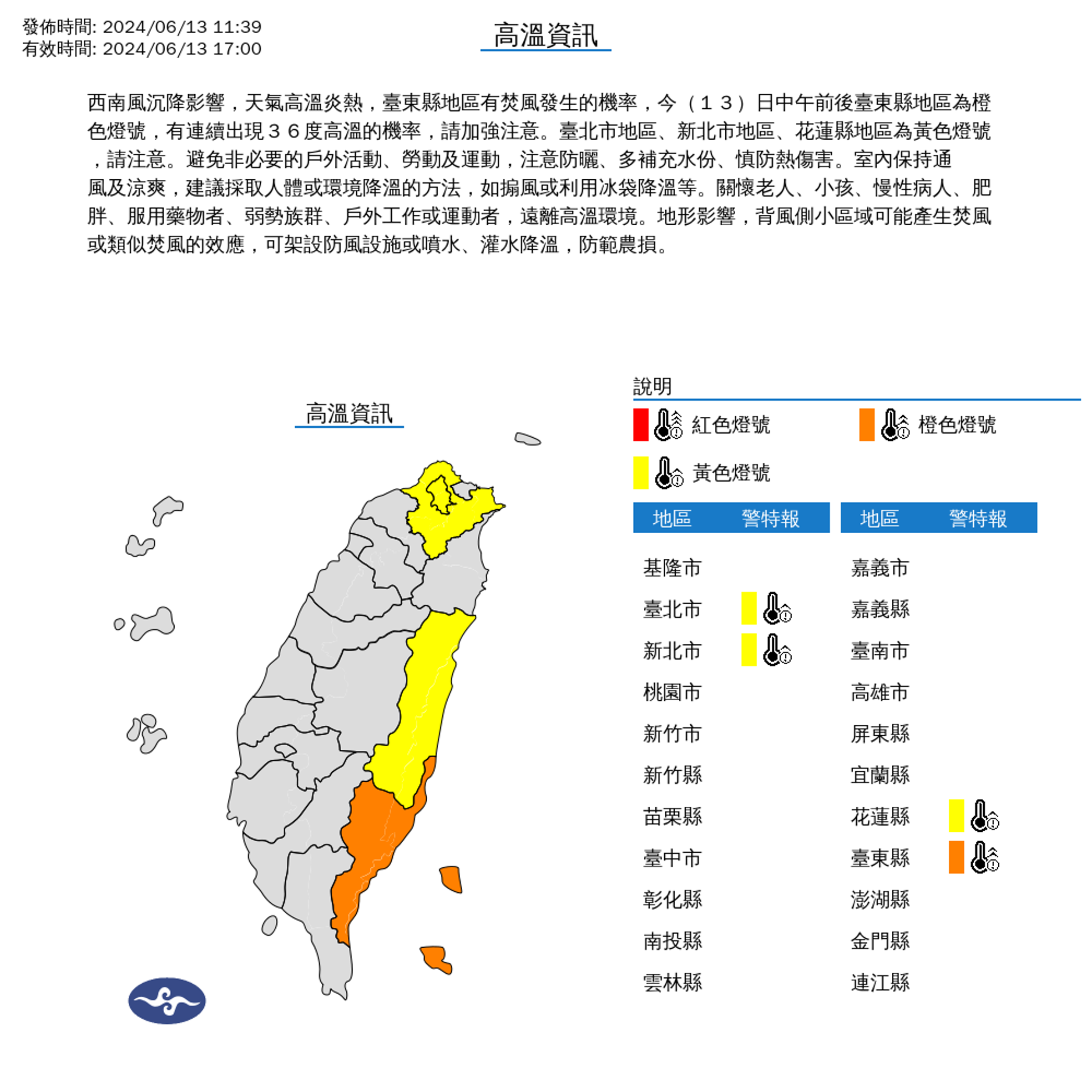 氣象署發布高溫資訊,台北市、新北市及花蓮縣亮黃色警示燈,台東縣亮橙色燈號。(中央氣象署提供)
