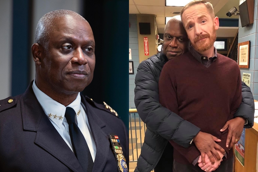 在《荒唐分局》中飾演分局長霍特的男星安德魯布瑞格驟逝，劇組人員包括飾演他劇中老公的傑克遜（右圖前）齊聲哀悼。（翻攝自@brooklyn99、@marcevanjackson IG）