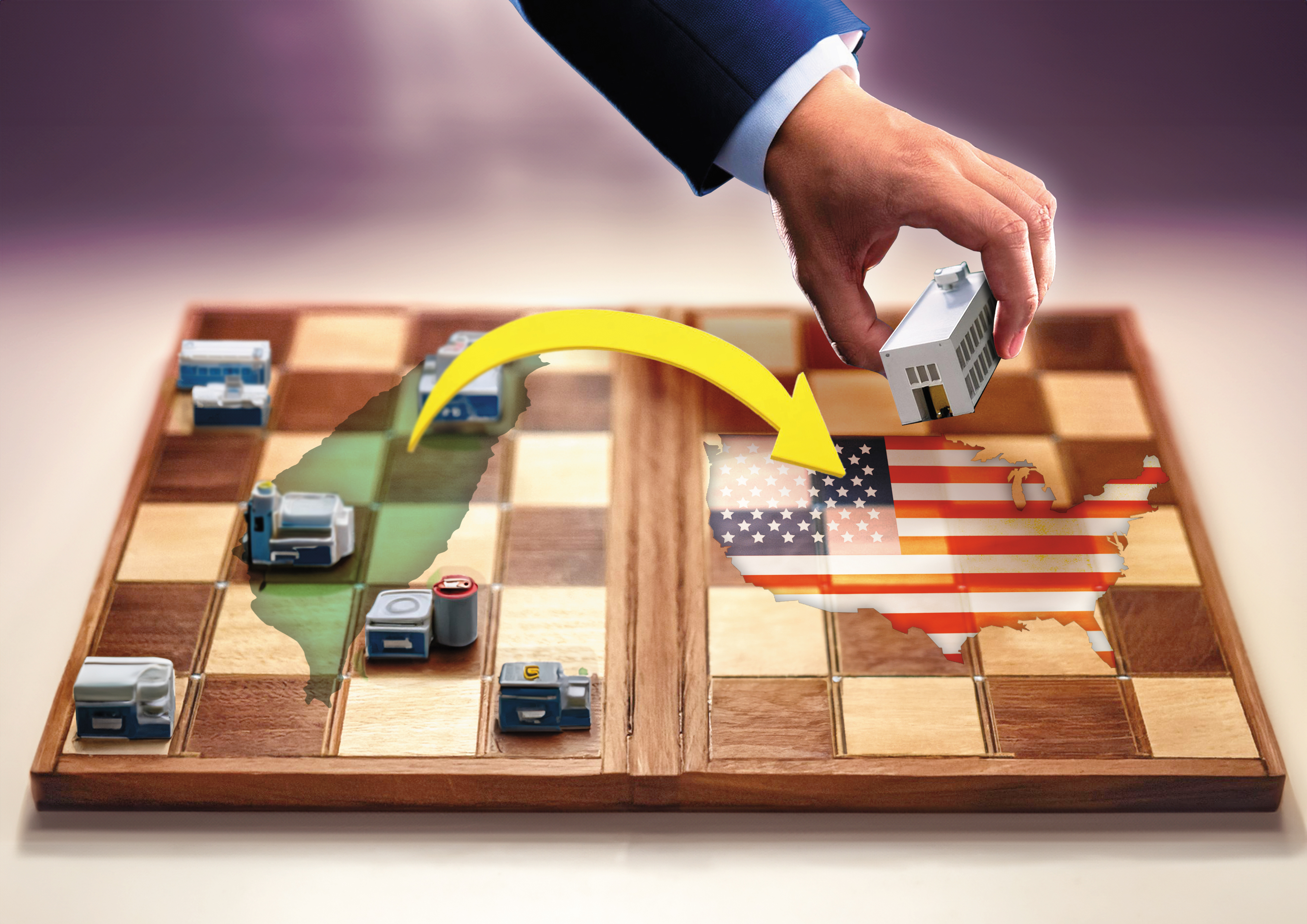 台灣電子業正掀起東進美國擴產的巨浪，包括最上游的晶圓代工、半導體材料、設備、封裝測試，到下游的組裝業都會赴美。（AI繪圖Adobe Firefly生成，本刊美術組後製）