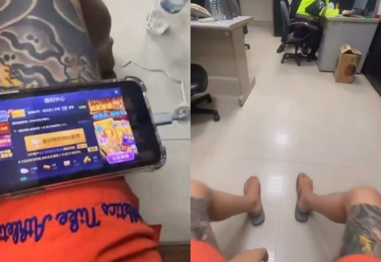 蔡男被發現持毒遭依現行犯上銬逮捕，卻在派出所內狂錄影、發限動，還玩手機玩到沒電、當場接線充電，引發議論。（翻攝畫面）