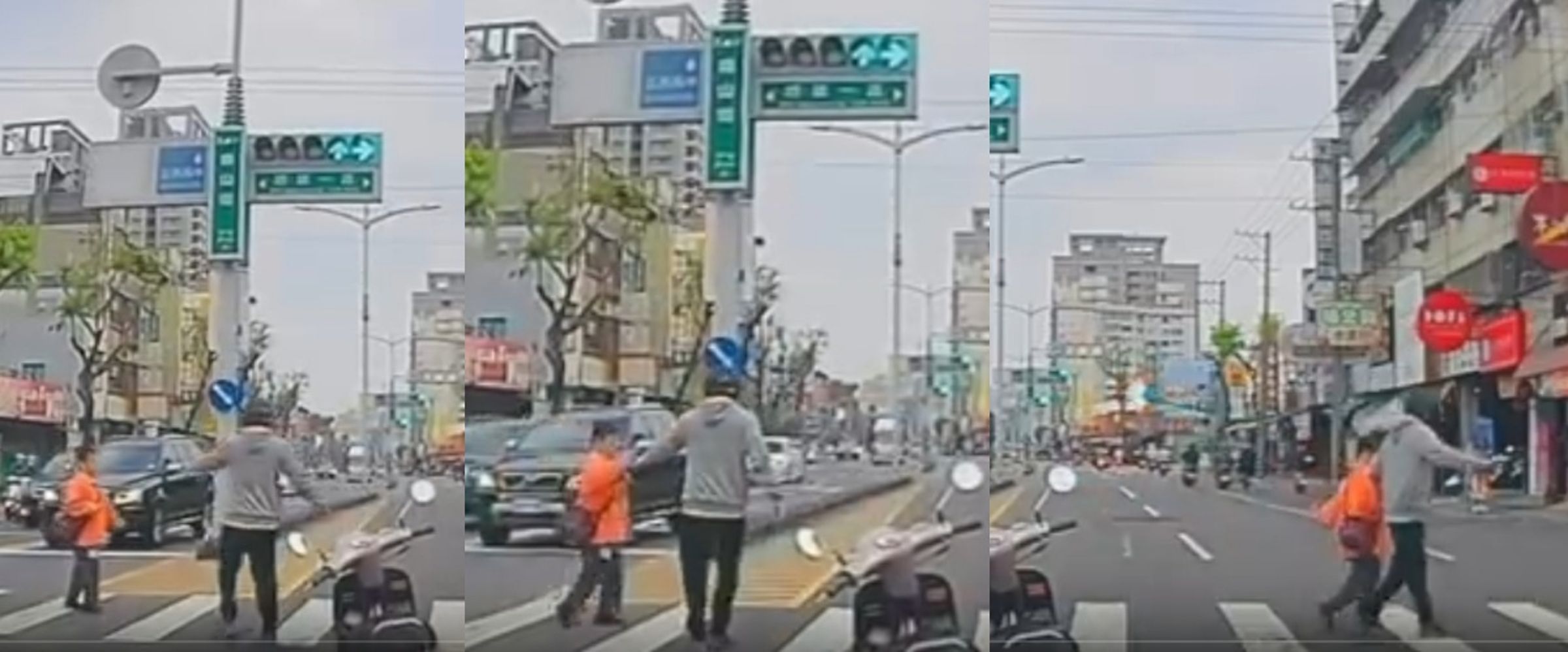高雄三民區鼎山街與明誠一路交叉口，機車騎士見行動不便行人受困斑馬線中央，立即停車伸手協助，牽手陪伴安全通過，路過車輛也自發禮讓，影片曝光後引起網友熱烈討論。（Threads網友mason_wsx授權提供）