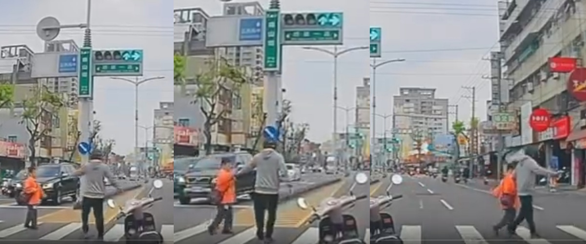 高雄三民區鼎山街與明誠一路交叉口，機車騎士見行動不便行人受困斑馬線中央，立即停車伸手協助，牽手陪伴安全通過，路過車輛也自發禮讓，影片曝光後引起網友熱烈討論。（翻攝自Threads/mason_wsx）