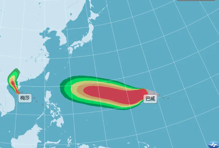 巴威颱風，已正式增強為中度颱風，在今晚有機會升級成強颱。（翻攝自氣象署）