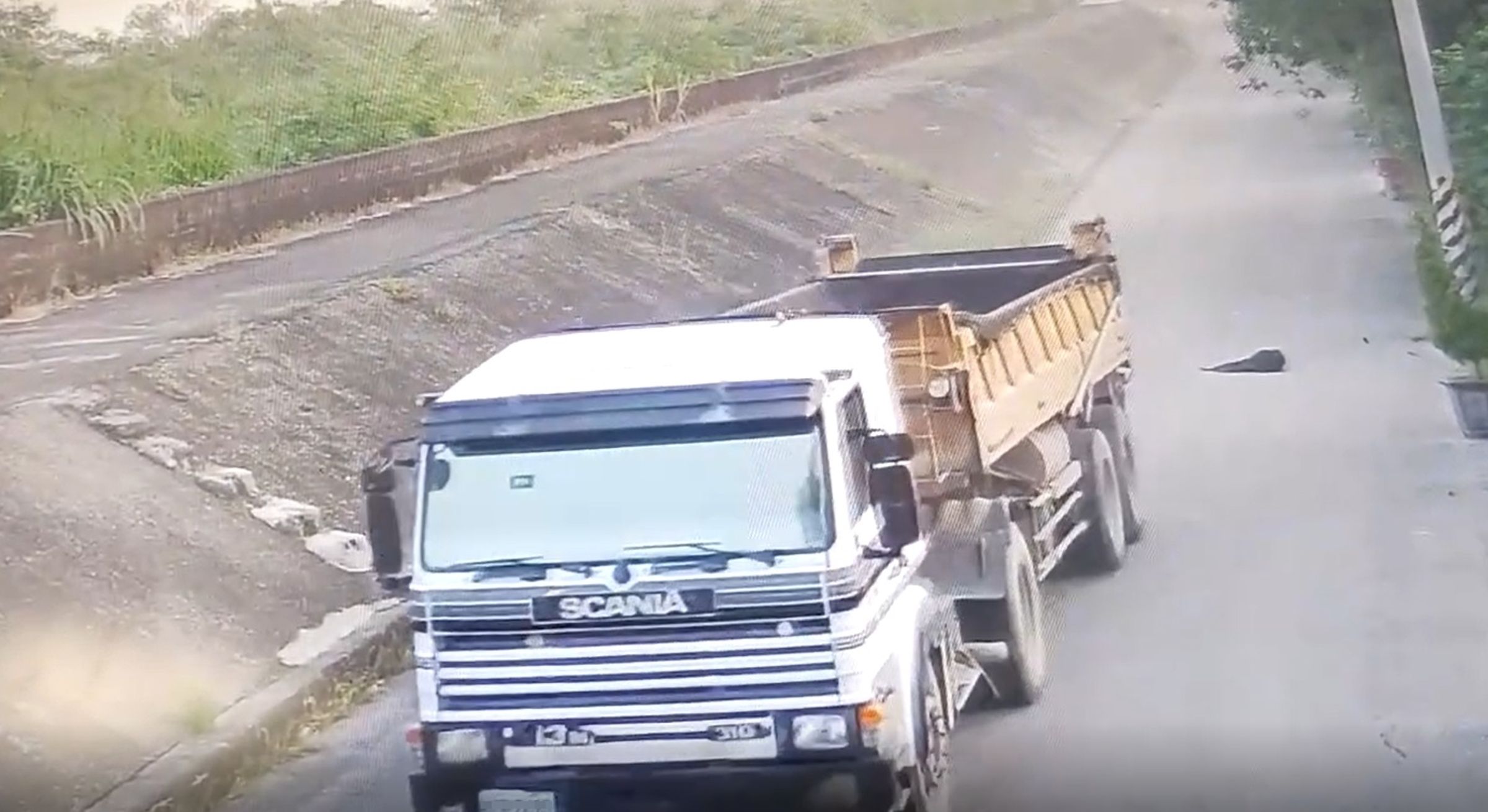 嘉義縣一輛砂石車13日清晨輾斃路邊小黑狗,肇事駕駛今天終於到案說明。(翻攝畫面)