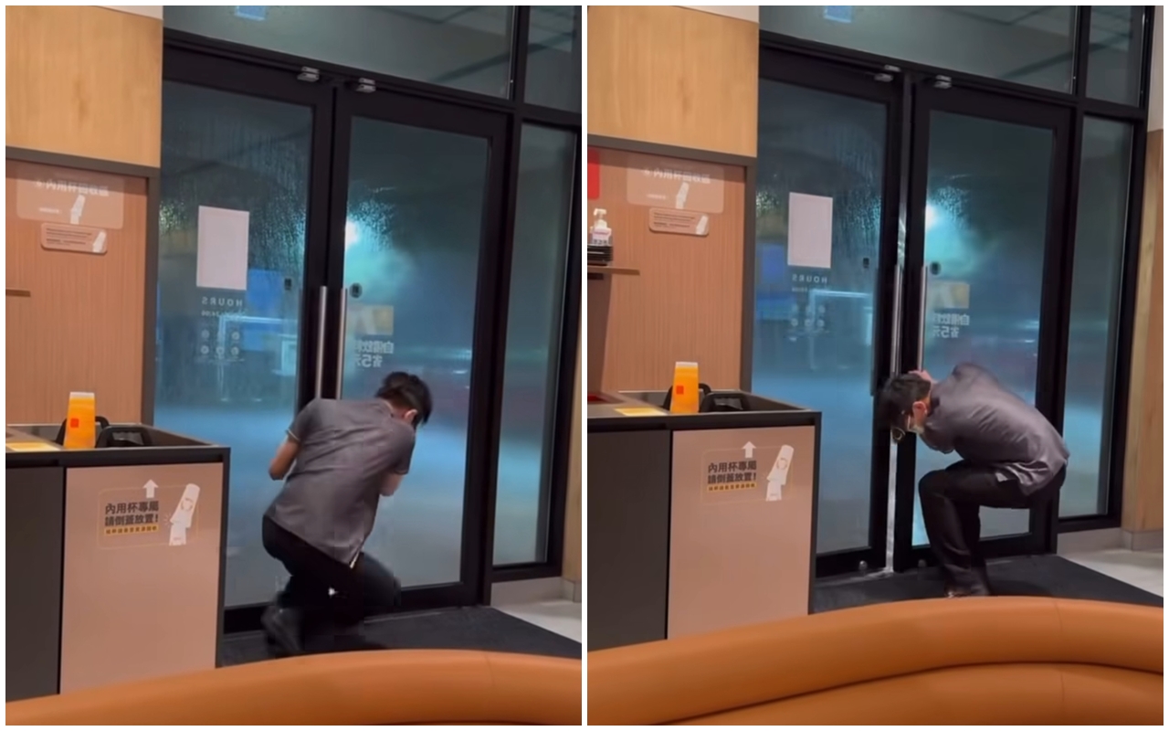 桃園昨晚下起狂風暴雨，麥當勞員工死命將門拉住，最後終於成功將其暫時鎖上。（翻攝自桃園都臉書粉專）