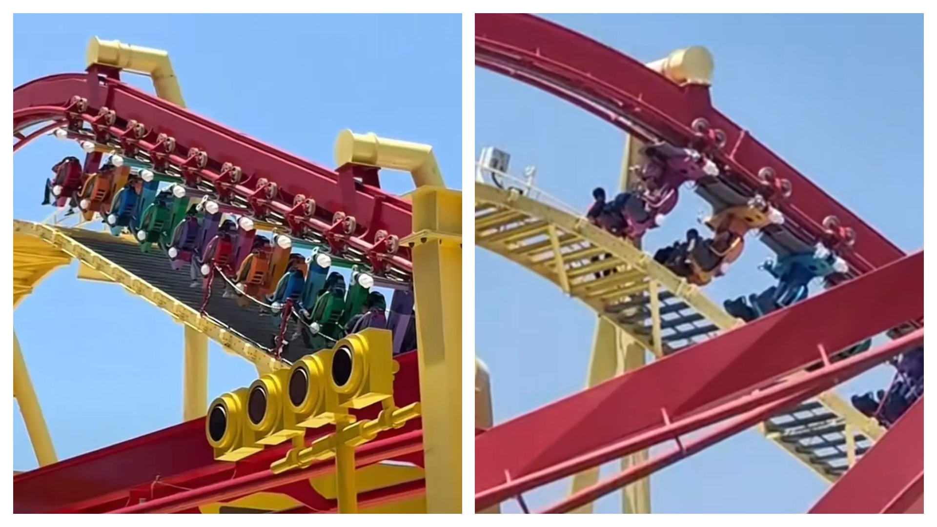 上海樂高樂園雲霄飛車「樂高大飛車」上週六中午在高溫中在爬軌道途中突然停擺，導致10多名遊客被困在半空中長達40分鐘。（翻攝自微博）