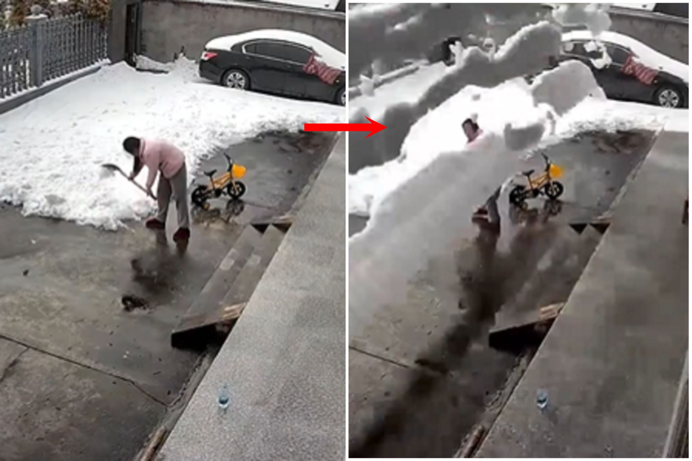 屋頂「雪崩」太驚悚,影片曝光!女子剷雪到一半慘遭重砸淹沒。(翻自X平台)