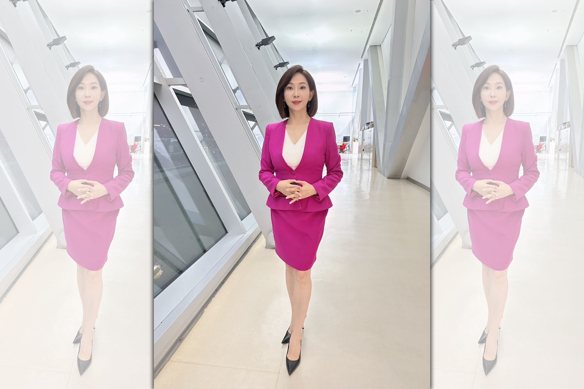 主播林靖芬播報新聞時穿高跟鞋久站，造成職業病。（林靖芬提供）