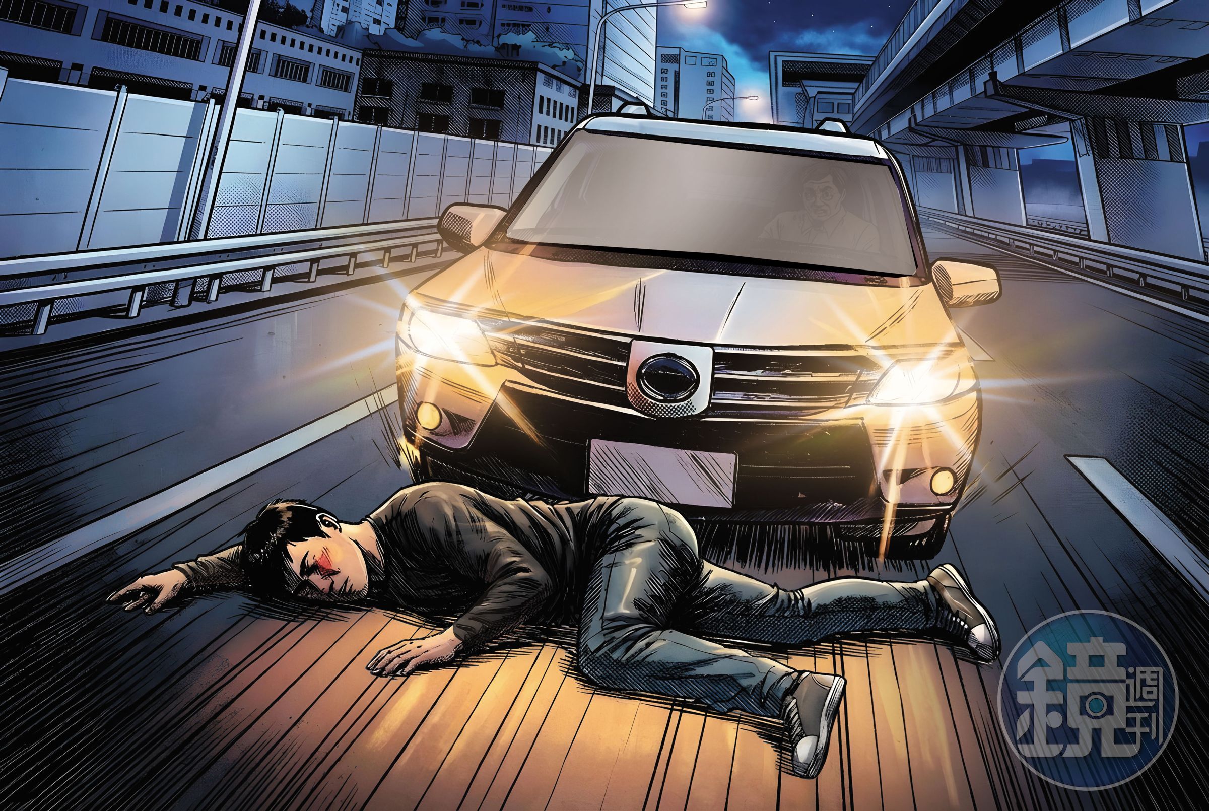 溫男被丟包後慘遭4車撞擊,頭部嚴重受創,肢體多處骨折,不幸身亡。(AI繪圖FREEPIK生成,本刊美術組後製)
