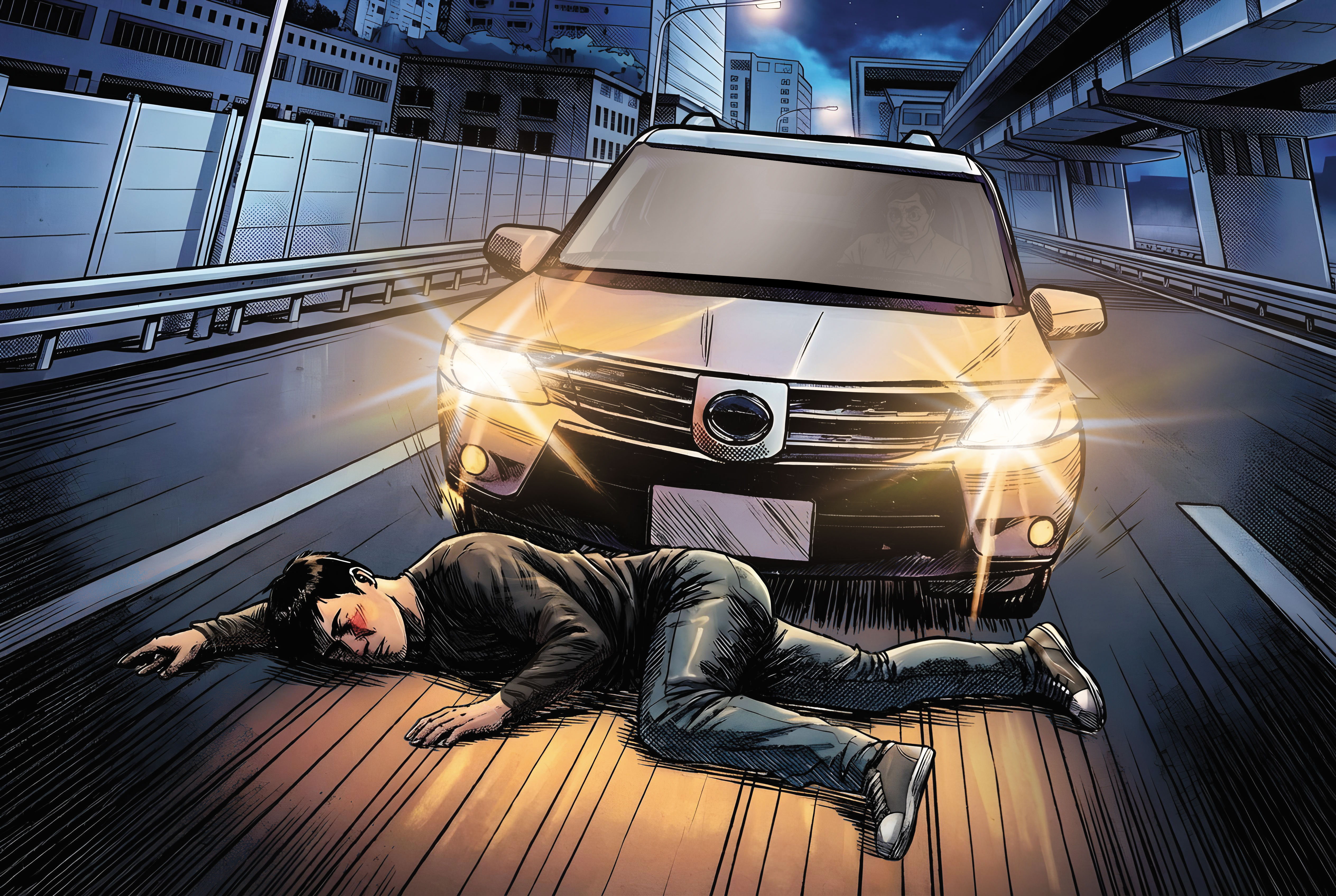 溫男被丟包後慘遭4車撞擊，頭部嚴重受創，肢體多處骨折，不幸身亡。（AI繪圖FREEPIK生成，本刊美術組後製）