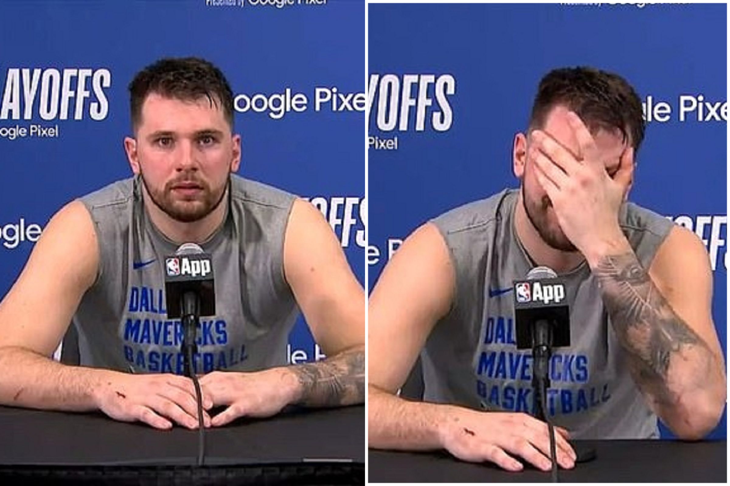 NBA獨行俠球星唐西奇賽後記者會，傳來陣陣「啊啊」叫春呻吟聲。（翻自X平台）