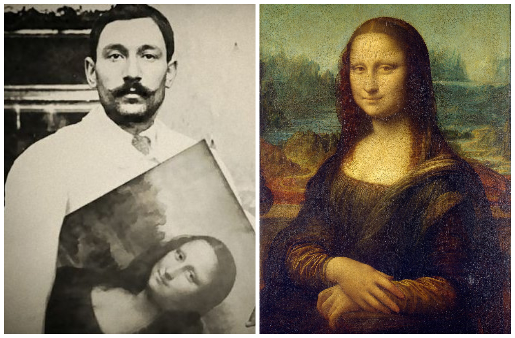 文森佐佩魯賈（左）1911年偷走《蒙娜麗莎》，震驚全球。（翻攝X@TommiPedruzzi、X@stats_feed）