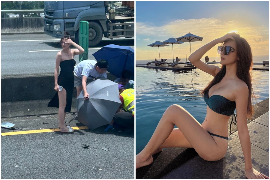 國2西向13.8公里處中午發生車禍，熱心指揮交通的辣妹意外成為討論焦點，身分很快遭到起底。（桃園市消防局提供、翻攝自Annie IG）