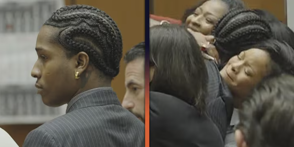 饒舌歌手A$AP Rocky（左）獲判無罪，他激動緊抱女友蕾哈娜（右）。（翻攝自YouTube頻道@EntertainmentTonight）