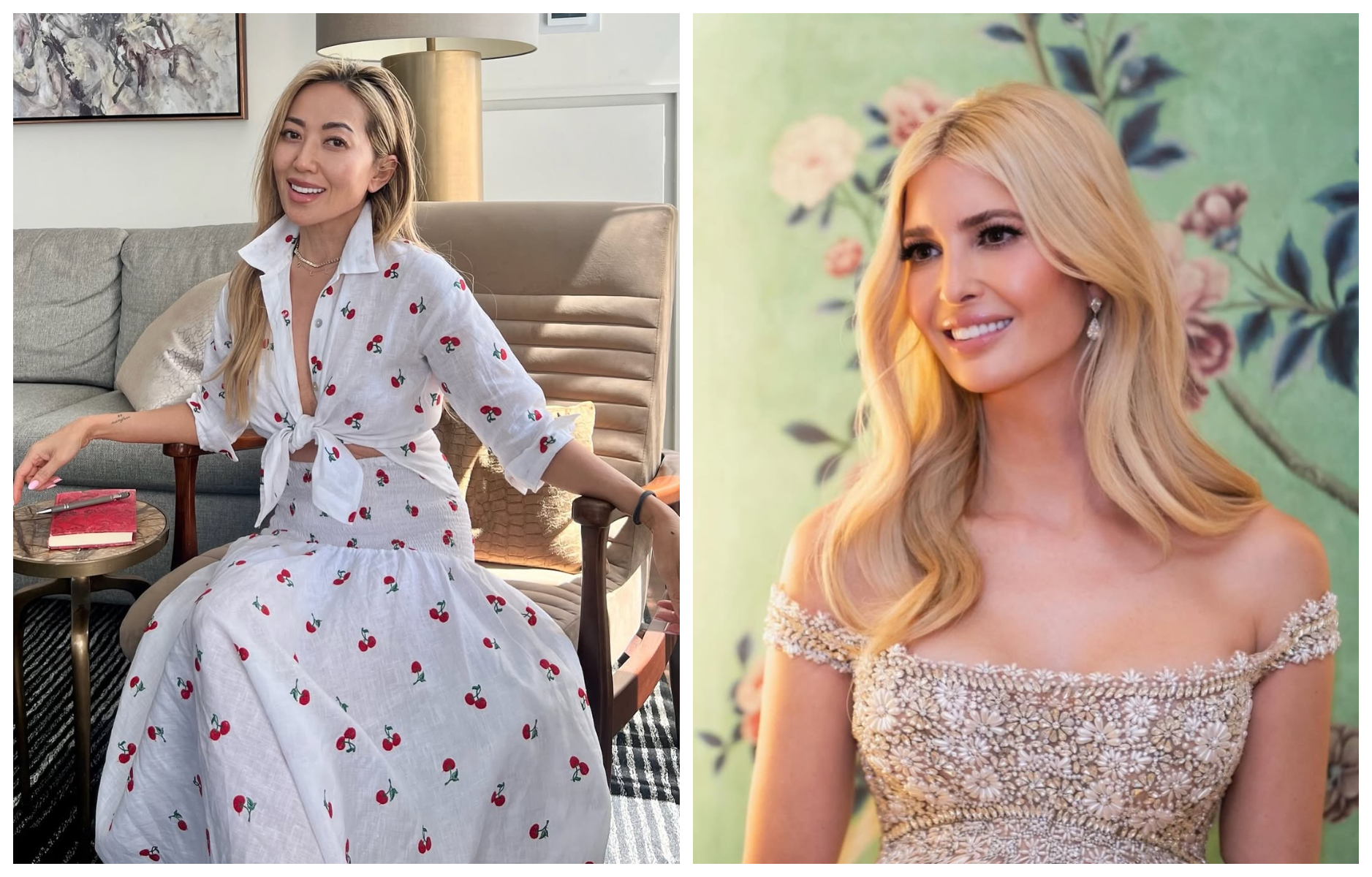 伊凡卡（右圖）在IG限動tag陳尚婷（左圖），感謝她送上護膚品。（翻攝ivankatrump IG、tinachencraig IG）