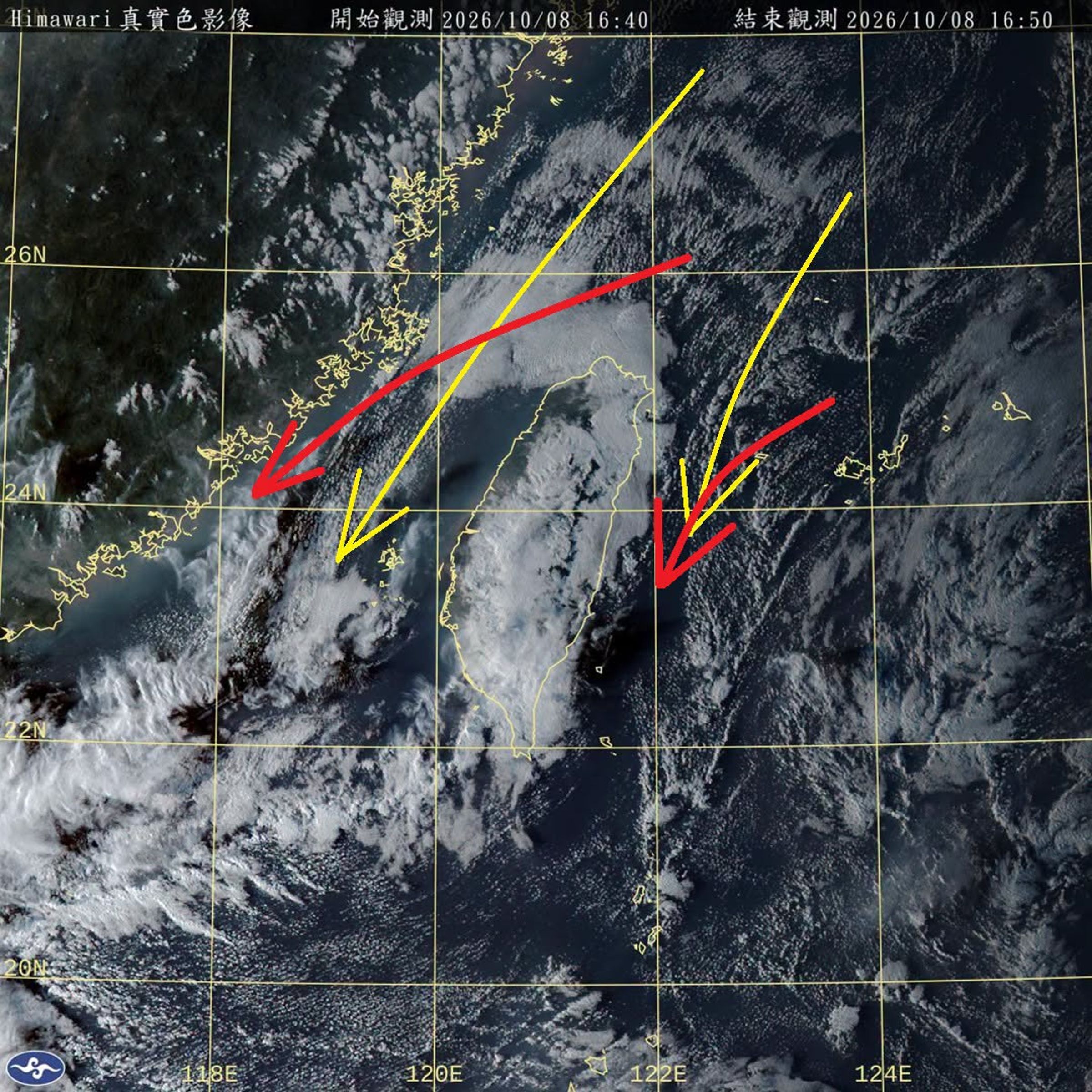 鄭明典今po出一張衛星雲圖，分析台灣接下來的天氣變化，認為從目前的風場來看，「台灣最近的氣溫不會再明顯下降，應該是持平或略升！」（翻攝自鄭明典臉書）