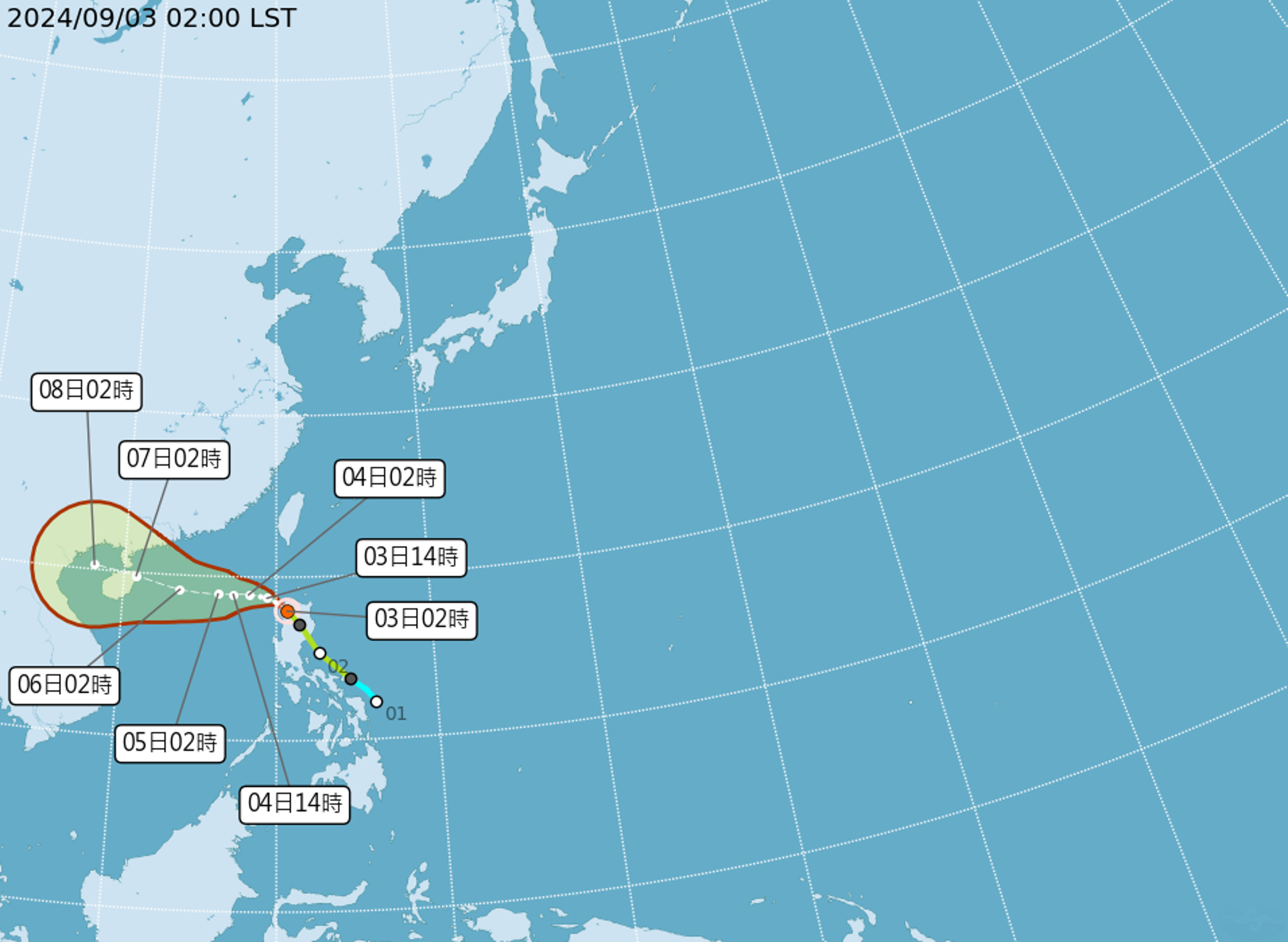 輕颱摩羯3日2時的中心位置在北緯 17.9 度,東經 120.7 度,以每小時18公里速度,向西北進行。(中央氣象署提供)