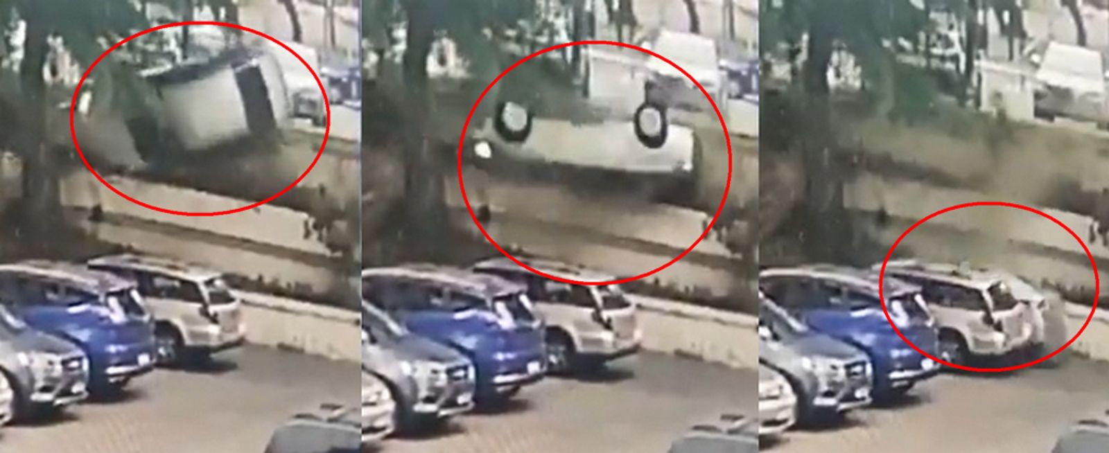 這輛車子摔落5公尺深的停車場，沒想到精準停到唯一僅剩的停車格，讓人直呼神奇。（翻攝X@Claudyz83）