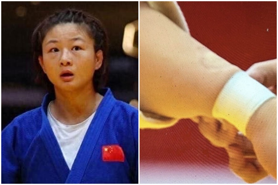 中國選手唐婧在地面戰居於劣勢時,竟扯張口咬傷日本選手前田凜的左臂。(翻攝自微博)