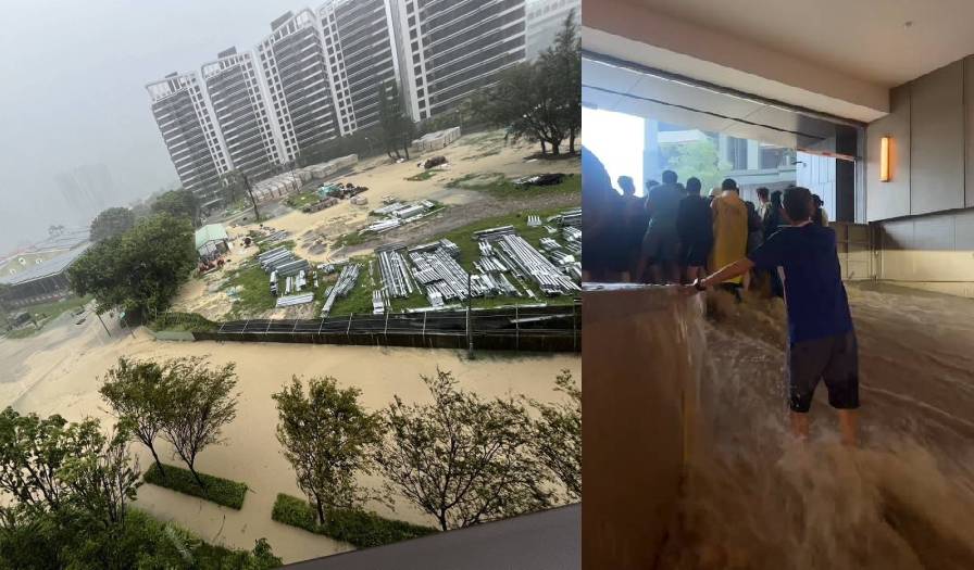 高雄左營桃子園路淹水，民眾肉身固定擋水閘門。（翻攝記者爆料網）