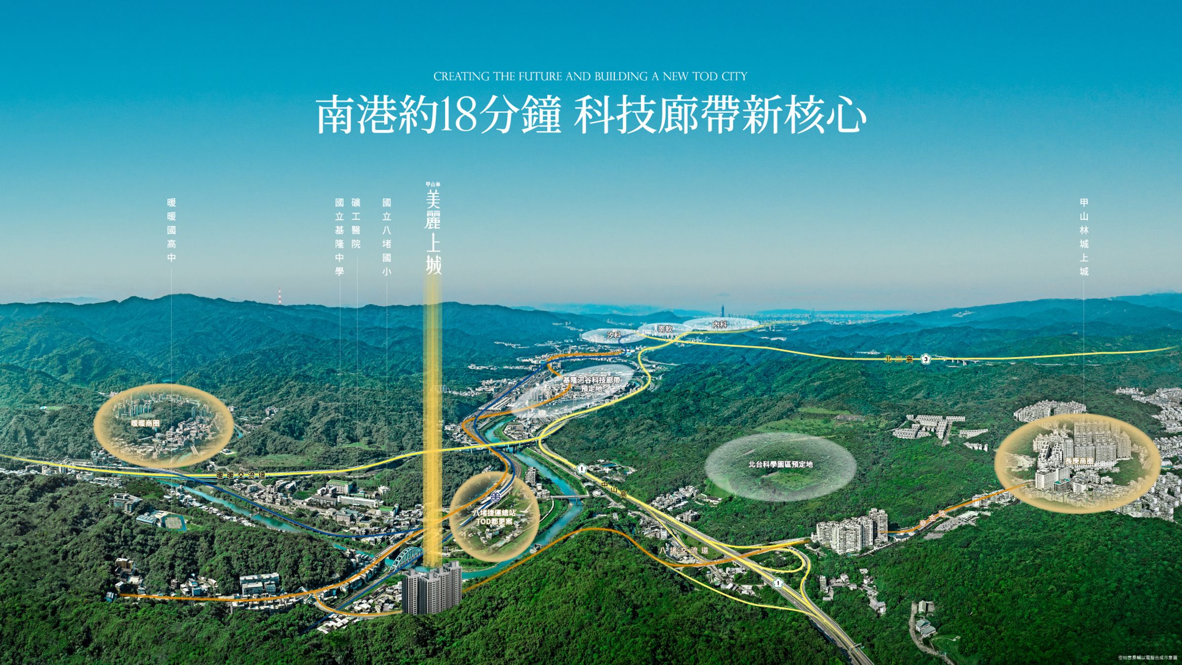 美麗上城位於台鐵八堵站交通樞紐,步行僅約10分鐘即可抵達八堵車站,開車到南港也僅需18分鐘。(圖為3D透視示意圖)