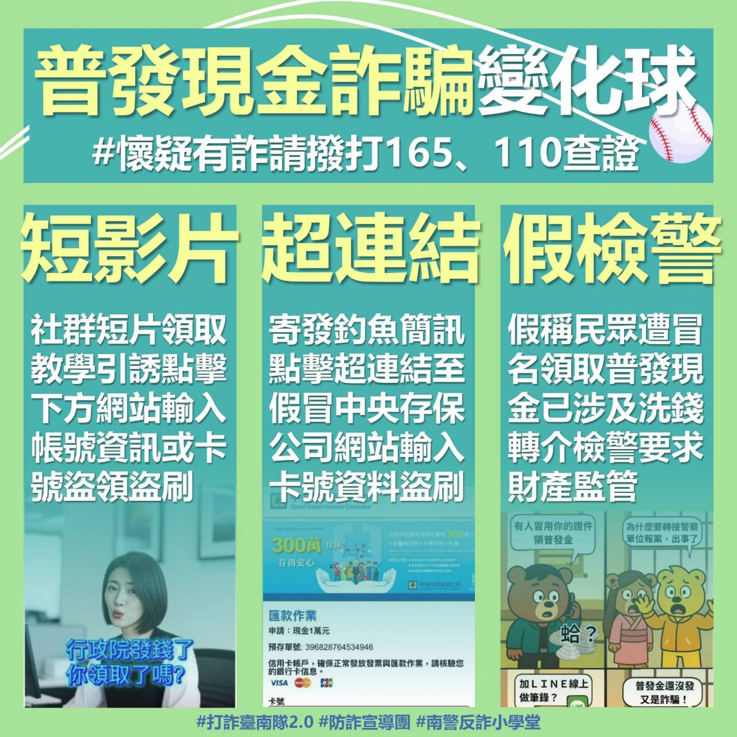 臺南市政府提醒,普發現金的詐騙類型多元,民眾務必謹記「不點擊、不填寫、不匯款」三原則。